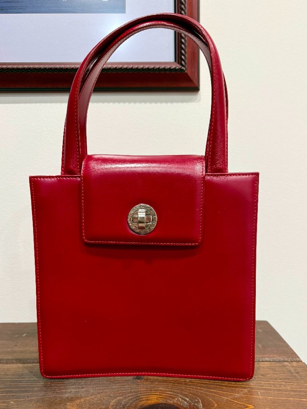Auth Bvlgari Red Leather Limited 888 Top Handle Turn Lock Accordion Vintage